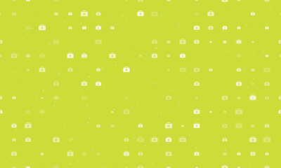 Seamless background pattern of evenly spaced white first aid symbols of different sizes and opacity. Vector illustration on lime background with stars
