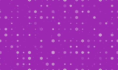 Seamless background pattern of evenly spaced white hive symbols of different sizes and opacity. Vector illustration on purple background with stars