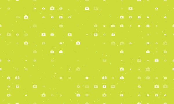 Seamless background pattern of evenly spaced white first aid symbols of different sizes and opacity. Vector illustration on lime background with stars