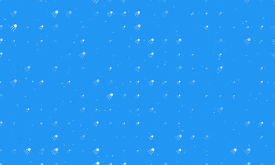 Seamless background pattern of evenly spaced white satellite symbols of different sizes and opacity. Vector illustration on blue background with stars