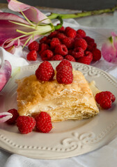  Tasty slice of homemade layered traditional cake napoleon. Puff pastry with raspberry on plate.