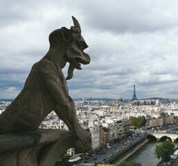 Gargoyle or chimera of Notre Dame de Paris over the city in a cloudy day