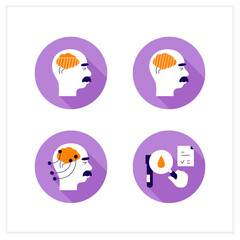 Alzheimer disease flat icons set. Moderate, severe disease. Neurological function testing, researching blood status. Neurological disorder concept.Vector illustrations