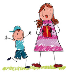 Cute doodle drawing with boy, his mom and pretty gift, Vector illustration