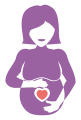 Purple silhouette of young pregnant mom touching her belly, Vector illustration