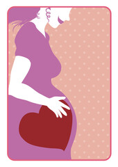 Retro styled card with silhouette of pregnant woman and heart, Vector illustration