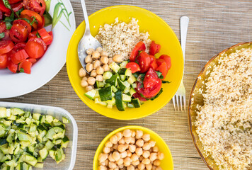 Vegan lunch on the table with fresh vegetables.