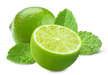 Fresh limes and mint, isolated on white background