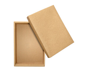 Cardboard box with brown lid isolated on white background. Lid open box.