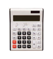 Old calculator isolated on white background. A used calculator.