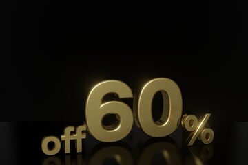 60 percent off 3D illustration in gold with black background and copy space