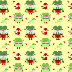 Christmas vector gnomes pattern. Cartoon background with gnomes and hearts.