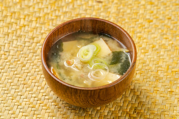 Japanese seafood miso soup in wooden bowl