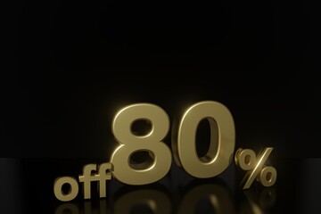 80 percent off 3D illustration in gold with black background and copy space