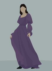 Sweet and charming lady in a purple long dress. Vector flat image of a woman with brown hair. Design for postcards, avatars, posters, backgrounds, templates, textiles, banners.