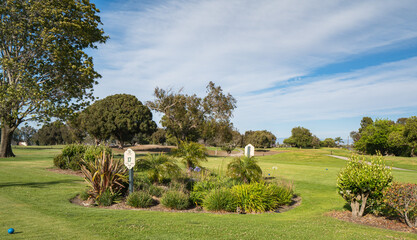 Fototapeta na wymiar Tee and fairway at Meadowlark golf club, Huntington Beach, California, USA