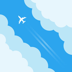 Airplane flying above clouds. Jet plane with exhaust white trail. Blue gradient and white plane silhouette. White and transparent clouds on the blue sky. jpeg image jpg illustration 

