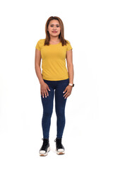 front view of woman with slim jeans on white background