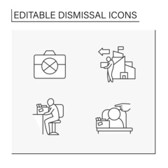 Dismissal line icons set. Contract termination between worker and company. Scandalled fired. Dismissal concept. Isolated vector illustrations. Editable stroke