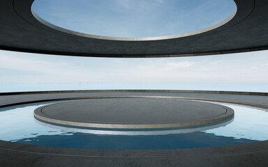 Round concrete podium empty floor with pool. 3d rendering of abstract exterior space with sea and blue sky background.