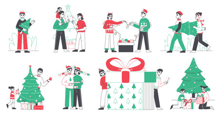 Winter Christmas holidays celebrating, gifts boxes and xmas tree decorating. Family and friends New Year celebration vector illustration set. People celebrating Сhristmas and New Year