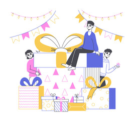 Christmas celebrating, characters give and receive gifts. People with gifts stack, winter holidays characters surprise each other with gifts vector illustration. Xmas present boxes concept