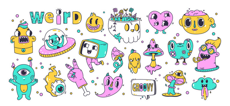 Psychedelic cartoon emoji, bright weird doodle patches. Trippy trendy stickers, mushroom, skull and groovy hallucination elements vector illustration set. Neon comic mascots collection