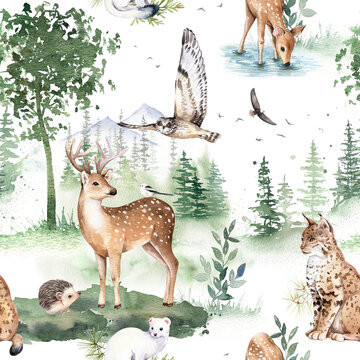 Watercolor woodland animals seamless pattern, cute deer, owl, lynx, hedgehog, ermine. Hand drawn illustration.  Forest landscape, nursery design for prints, postcards, greeting cards, textile