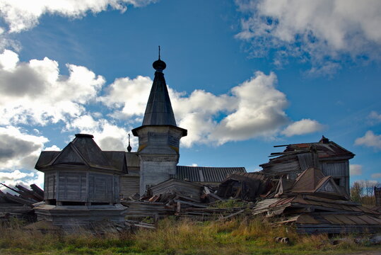 Saminsky Pogost. Russia. October 05, 2018. The ancient wooden Orthodox Church of Elijah the Prophet on the bank of the Samina River in a picturesque place of the Vologda region.