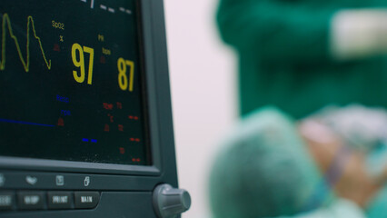 Close-up view of the screen of patient monitor displays vital signs ECG electrocardiogram EKG and...