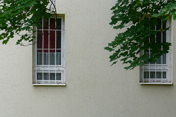 Two rectangular windows with a white frame and a protective grille on a gray wall background. From the Windows of the World series.