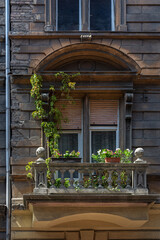 Window with an arch, a balcony and flowers on an old facade of a gray stone building. From the Window of the World series.