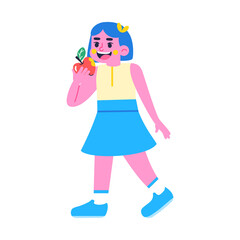 Happy girl character eating an apple Back to school Vector illustration