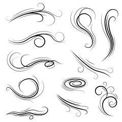 Big Set Black Collection Simple Line Winds Gust Squall Curl Doodle Outline Nature Element Vector Design Style Sketch Isolated Illustration