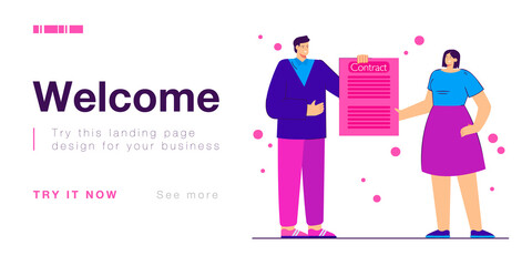 Man and woman holding contract paper document in hands. People making agreement flat vector illustration. Legal form for business, contract concept for banner, website design or landing web page