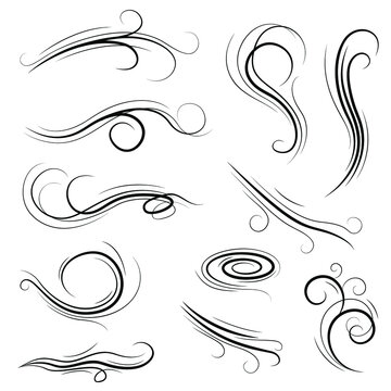 Big Set Black Collection Simple Line Winds Gust Squall Curl Doodle Outline Nature Element Vector Design Style Sketch Isolated Illustration