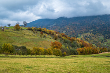 Obraz premium Cloudy and foggy day autumn mountains scene. Peaceful picturesque traveling, seasonal, nature and countryside beauty concept scene. Carpathian Mountains, Ukraine.