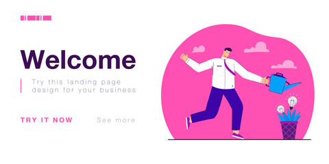 Worker watering potted plant with idea light bulbs to grow. Metaphor of raising brilliant idea flat vector illustration. Generating creative idea concept for banner, website design or landing web page