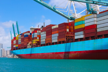 Container ship at Port Miami, one of the largest cargo ports in the US.