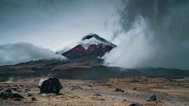 4K Timelapse Sequence of Parque Nacional Cotopaxi, Ecuador - The volcano in The Cotopaxi National Parc called the Parque Nacional Cotopaxi mountains during the a stormy day