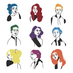 Avatars of girls and guys in doodle style