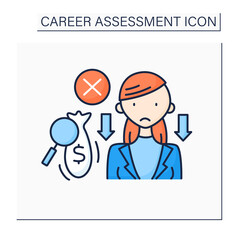 Poverty color icon. Low salary. Lost money due to low motivation and productivity. Empty money bag. Career assessment concept. Isolated vector illustration