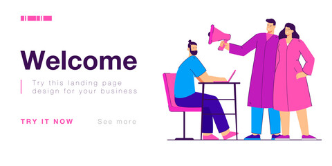 Online consultation with medical professionals via laptop. Doctors with megaphone next to man at desk flat vector illustration. Medicine, technology, health concept for banner or landing web page