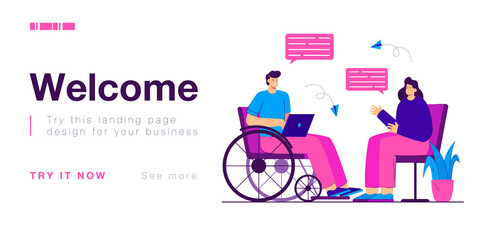 Man with disability communicating with woman online. Person sitting in wheelchair flat vector illustration. Communication in social media concept for banner, website design or landing web page