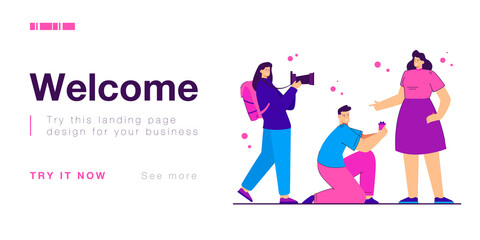 Woman taking picture of man proposing to girlfriend. Girl capturing moment of family creation flat vector illustration. Posing, social media space concept for banner, website design, landing web page