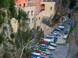 The picturesque and dramatic hamlet of Furore  seen from the famously beautiful Amalfi Coast in the Campagna region of  Italy 