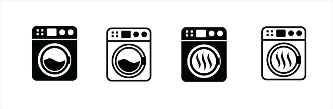 Washing machine icon set. Dryer spinner vector icons set. Laundry clean and dry service sign. Vector stock illustration. Simple flat outline design.