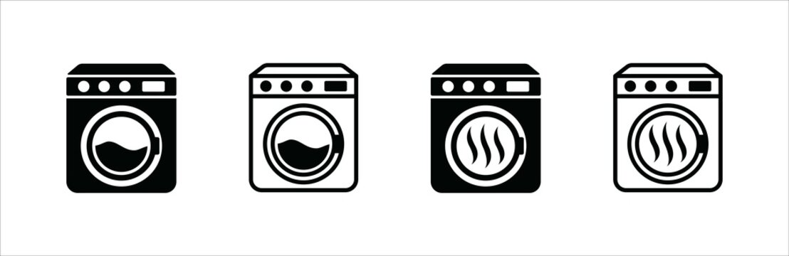 Washing machine icon set. Dryer spinner vector icons set. Laundry clean and dry service sign. Vector stock illustration. Simple flat outline three dimension design.