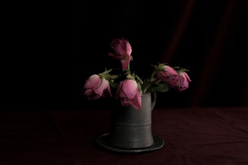 Pink Dried Rose Buds in A Pewter Tankard
