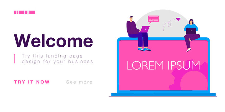 Tiny characters sitting on laptop with lorem ipsum title. Designers choosing print flat vector illustration. Design template, typographic print concept for banner, website design or landing web page